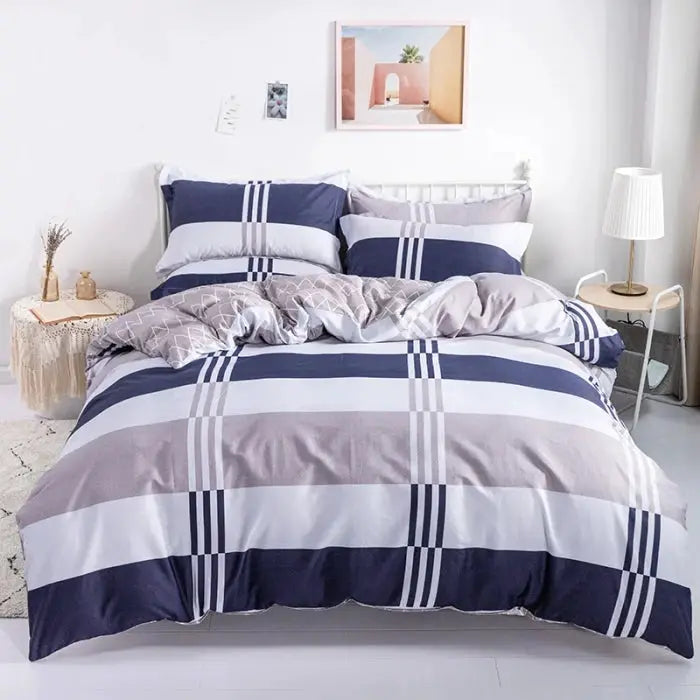 Simples Market 3pc 100% cotton duvet cover set with navy gray stripes; includes 1 duvet cover and 2 pillowcases