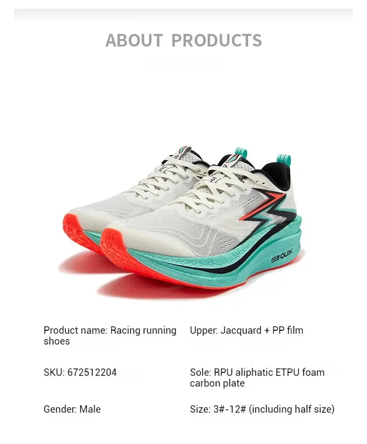 361 Degrees Flame 4.0 MIX running shoes pair with carbon plate, white Jacquard upper, turquoise midsole, orange outsole