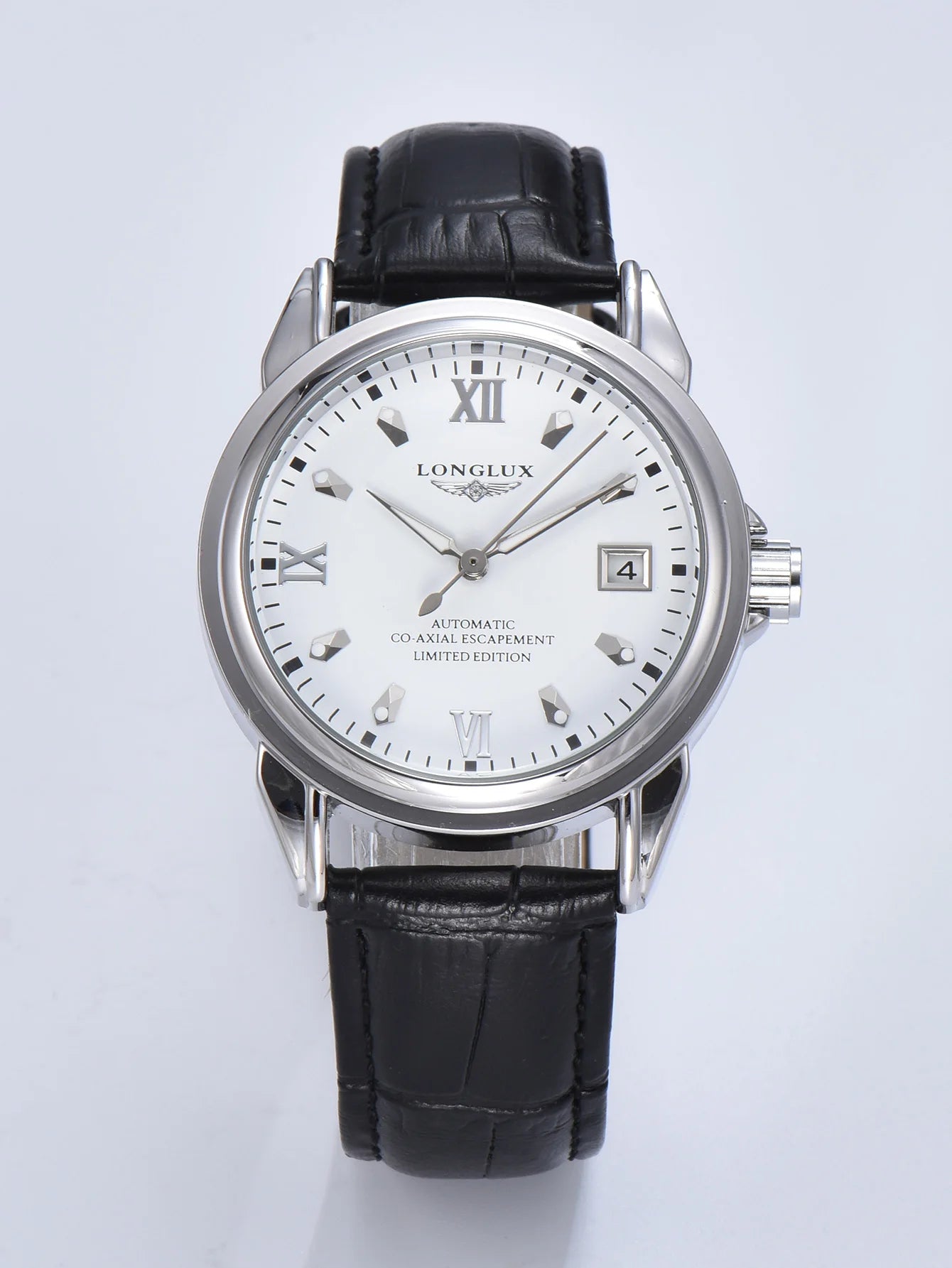 Men's automatic watch Longlux with white dial, silver case, black leather strap and date window at 3 o'clock