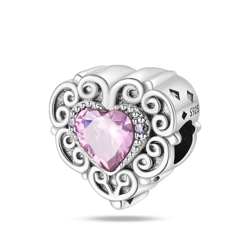 Silver-plated guardian angel heart charm bead with pink zircon for Qikaola 925 bracelets