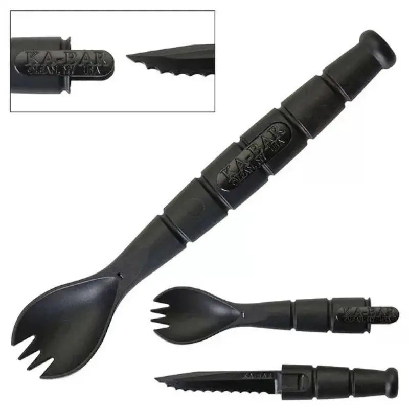 Three-piece KA-BAR branded tactical mini cutlery set; black folding fork, spoon, and knife multi-tool for camping