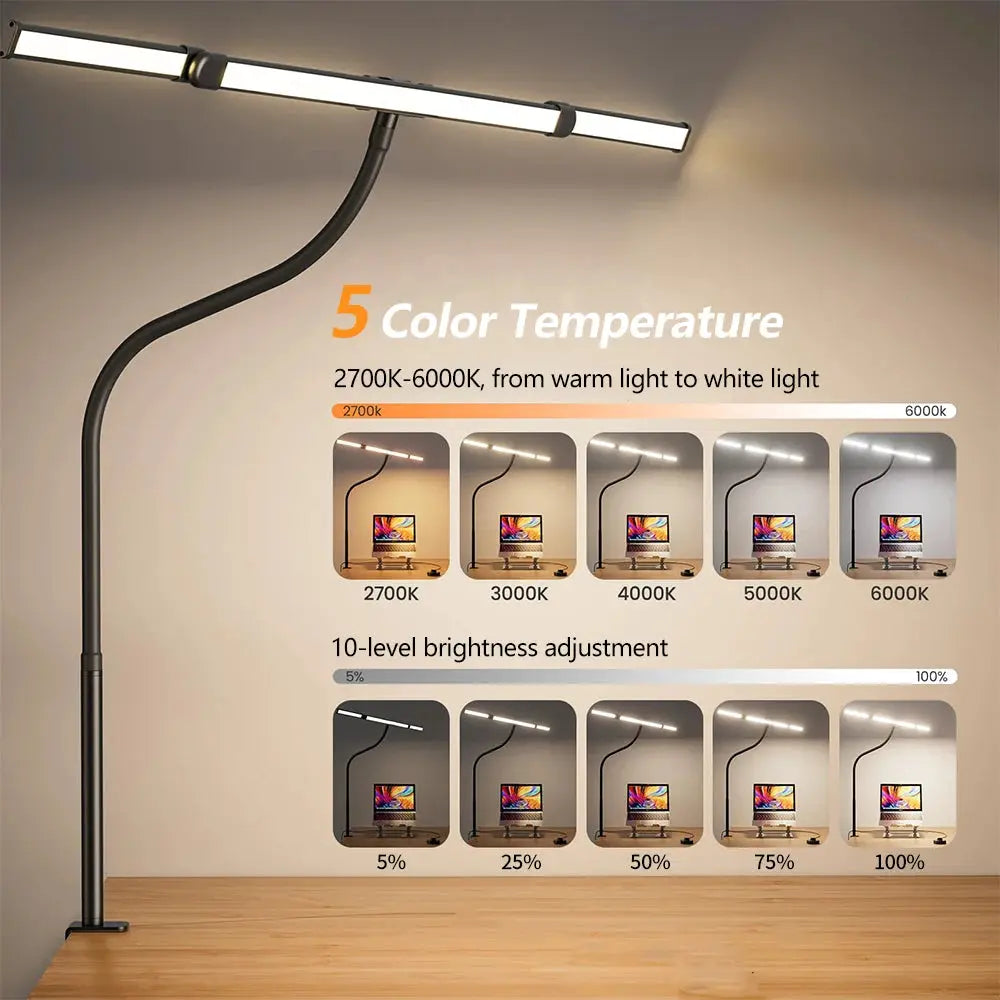 Eye-care LED clip metal desk lamp, black, adjustable 2700K–6000K color temp with 10 brightness levels