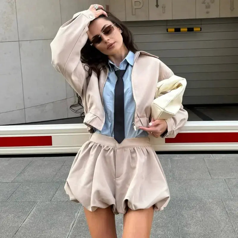 Tuularose Womens Lapel Zip Jacket Two Piece Pleated Shorts Autumn Suit