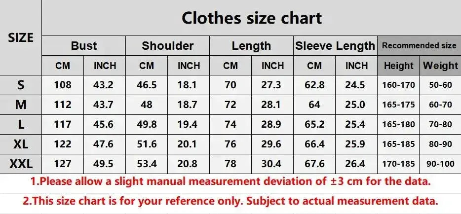 Clothes size chart showing S–XXL with bust, shoulder, length, and sleeve measurements