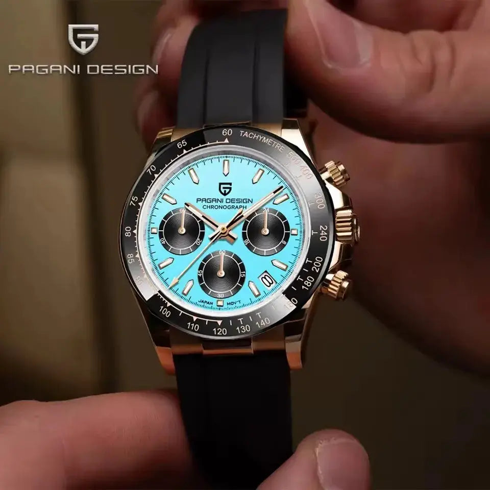Pagani Design 40mm V2 sky blue dial chronograph watch with gold-tone case, black bezel, and black rubber strap.
