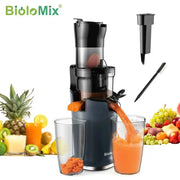 BioloMix cold press juicer with dark blue body and 78mm feed chute