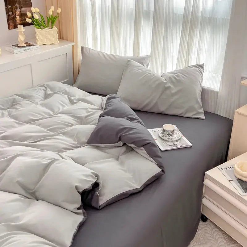 Simples Market 4-piece bed set in two-tone gray brush fabric with duvet cover and pillowcases