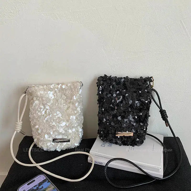 LEFTSIDE mini sequins shoulder bags set of 2: white and black crossbody purses for evening wear