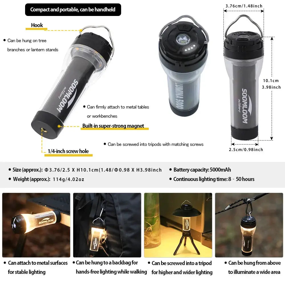 Soomloom Camping Lantern by Simples Market, 5000mAh rechargeable LED light with hook, magnet and tripod mount