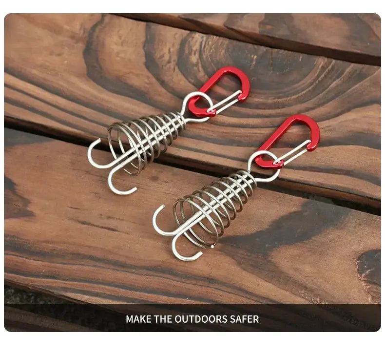 Octopus rope buckle camping set; two stainless steel spring hooks with red carabiners for tent lines