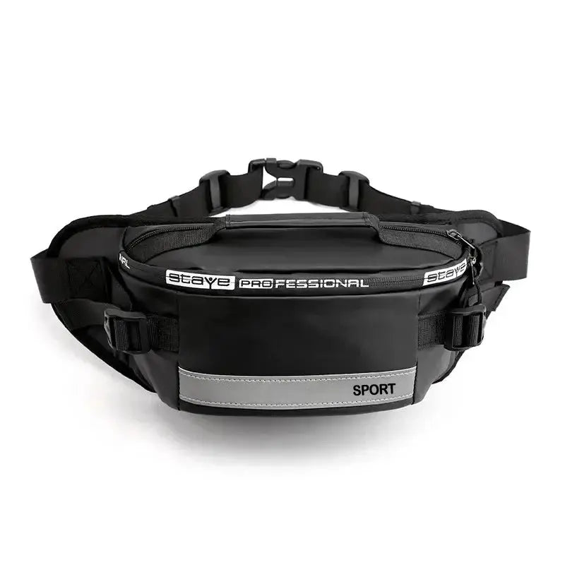Black nylon waist bag with gray front panel and adjustable strap; Staye Professional sport fanny pack
