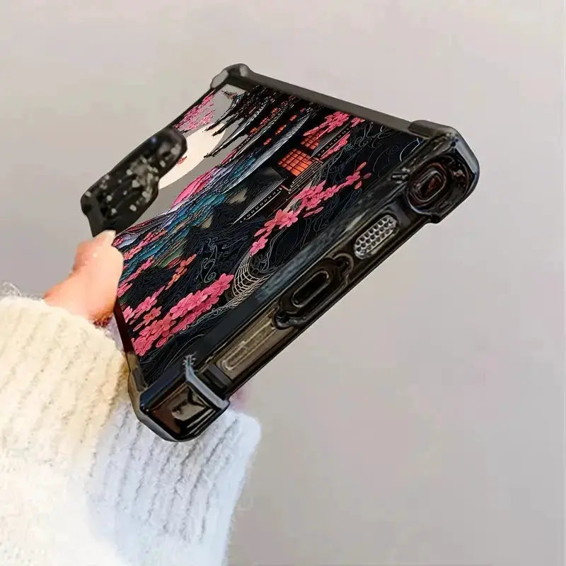 Rugged airbag phone case with pink sakura blossoms and Japanese house scene for Samsung Galaxy devices by Simples Market