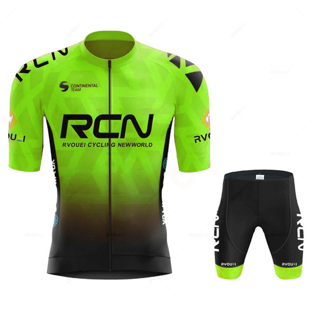 Cycling jersey and shorts two-piece set by RVOUEI in neon green to black gradient, breathable performance fabric