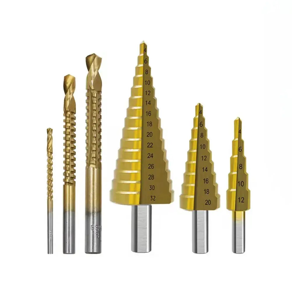 Six Piece Titanium Coated Step and Saw Drill Bit Set for Woodworking and Metal 4 to 12 mm 4 to 20 mm 4 to 32 mm