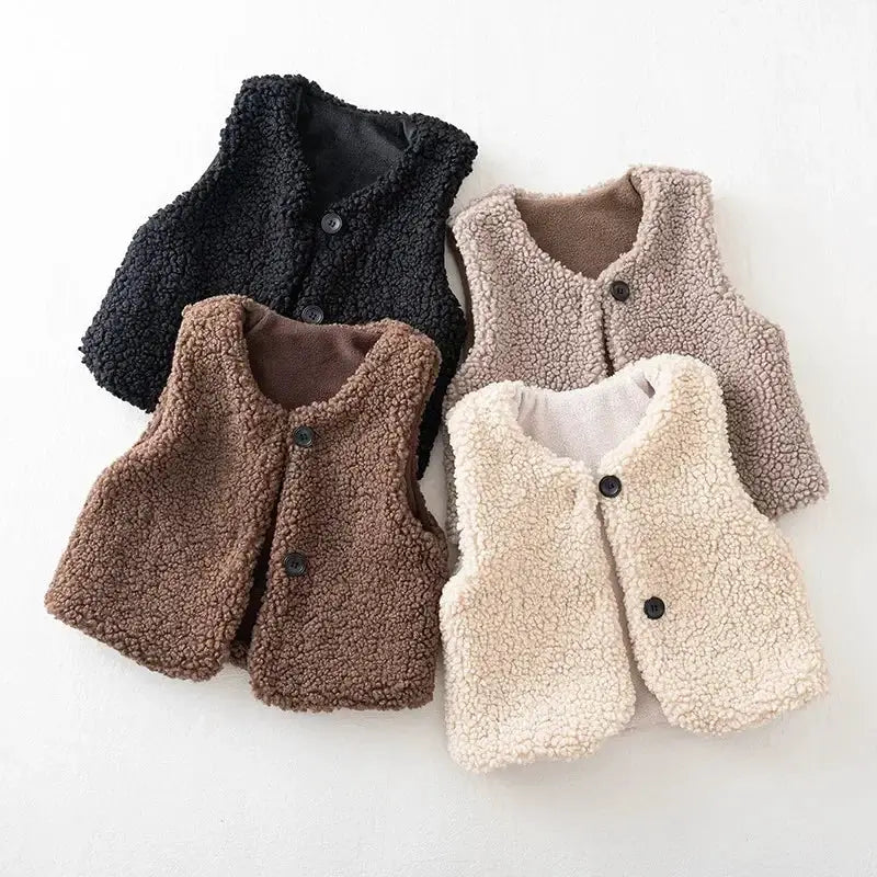 Autumn Winter Baby Lamb Wool Velvet Waistcoat For Girls And Boys Plush Vest Single Breasted V Neck Warm Coat