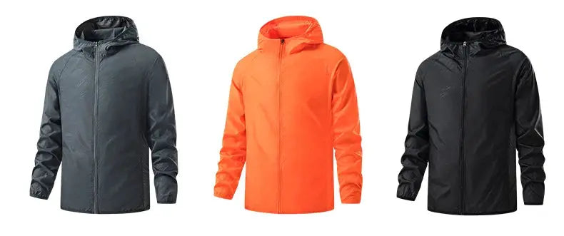 Three unisex waterproof hiking jackets in grey, orange and black with hoods