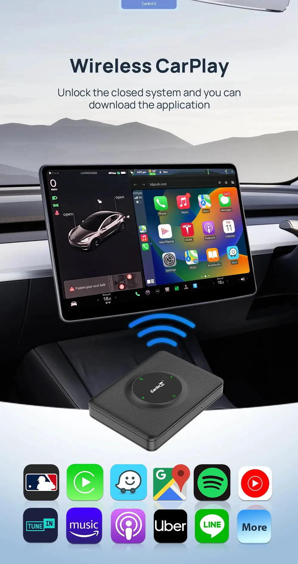 Simples Market T2C CarlinKit wireless CarPlay/Android Auto adapter for Tesla Model 3/Y, black compact box