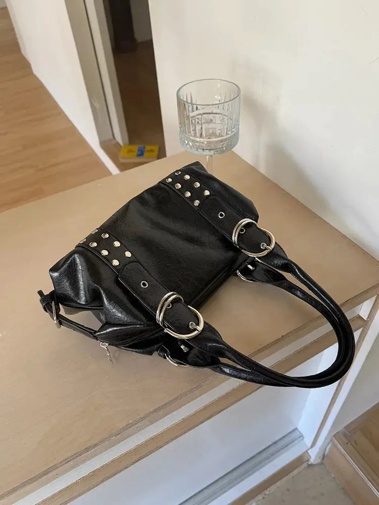 Black PU leather rivet shoulder bag with metal rings and studs