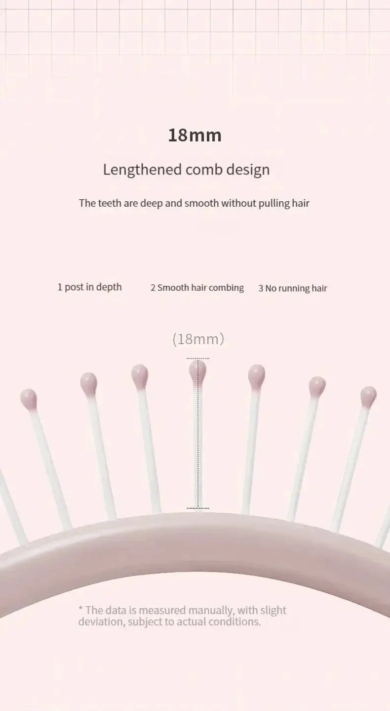 Hairbrush air cushion comb with pink-tipped 18mm teeth, long design for all hair types