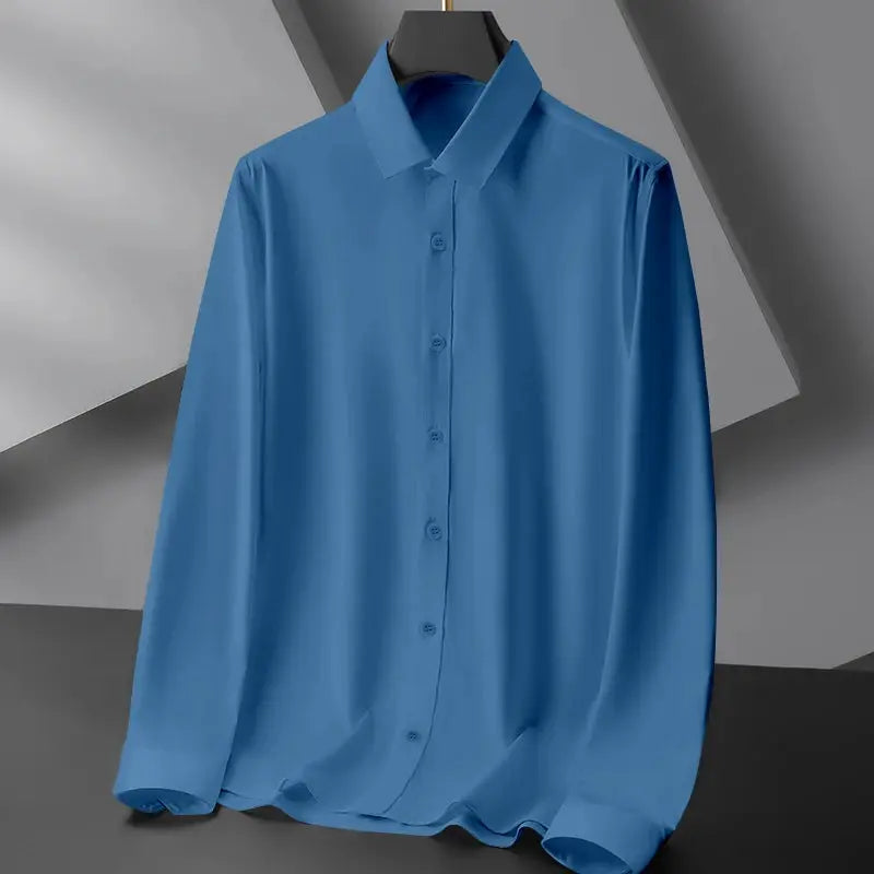 Men's blue business casual long-sleeve shirt, wrinkle-resistant solid color button-down