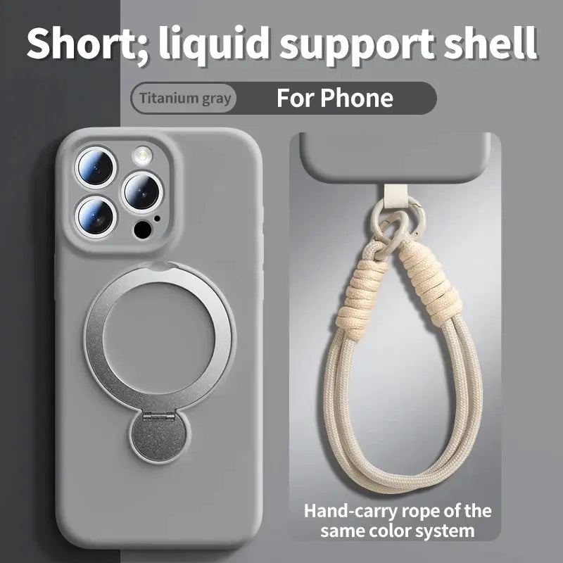 iPhone titanium gray silicone case by Simples Market with ring grip and beige lanyard