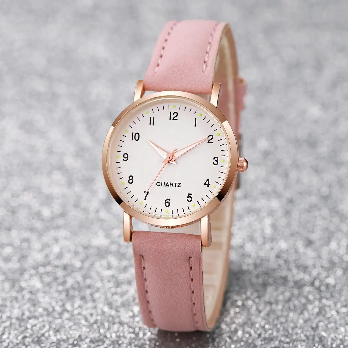 Simples Market women's quartz watch with pink leather strap, rose-gold case and white dial