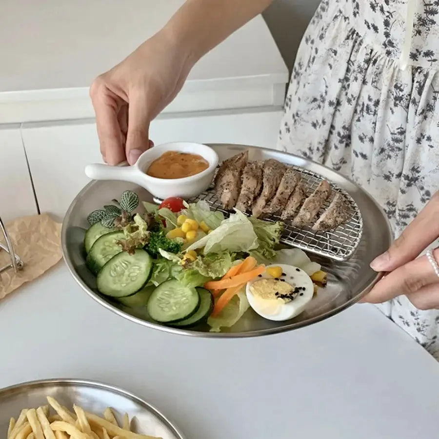 Circular Stainless Steel Plate Tray for Dining and Korean Barbecue Perfectly Suited for Steaks and Serving Plates