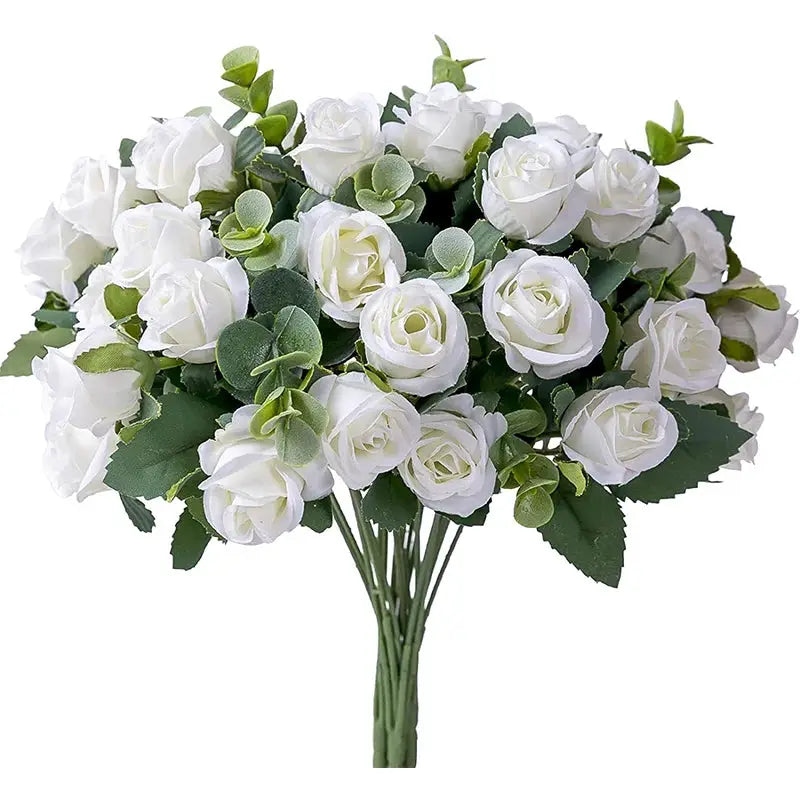 10 Heads Artificial Flower Bouquet With Silk Roses Eucalyptus Leaves Peonies White For Wedding Table And Home Decor