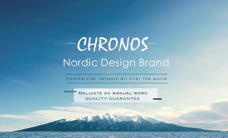 CHRONOS watch banner; Nordic Design Brand logo with mountain landscape backdrop
