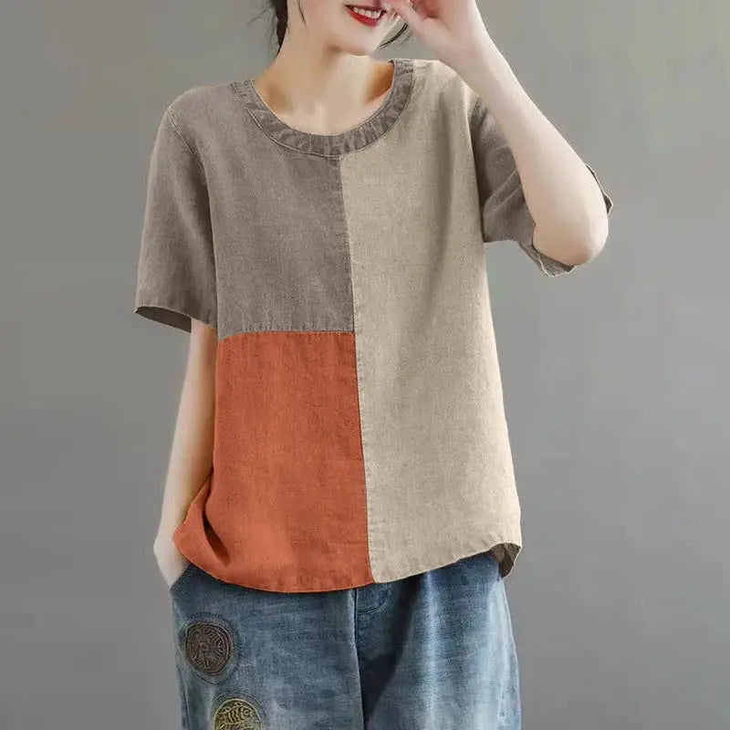 ZANZEA Women Patchwork Blouse Cotton Linen Short Sleeve Round Neck Top