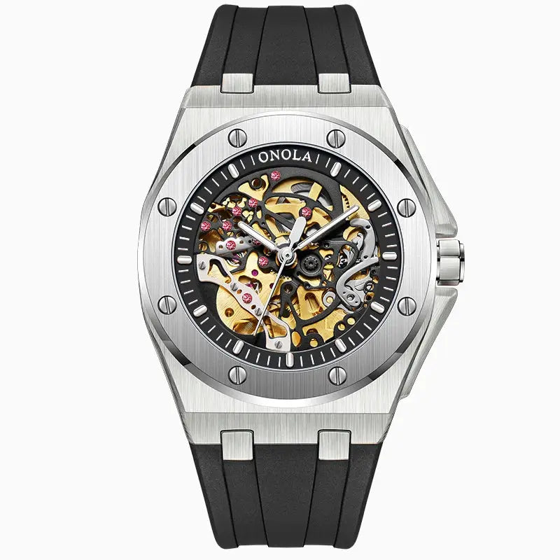 ONOLA men's skeleton mechanical wristwatch with stainless steel case and black rubber strap