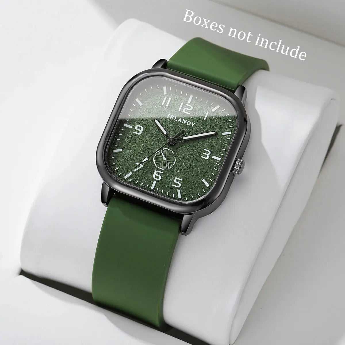 Square fashion watch with green silicone strap and textured green dial, IRLANDY