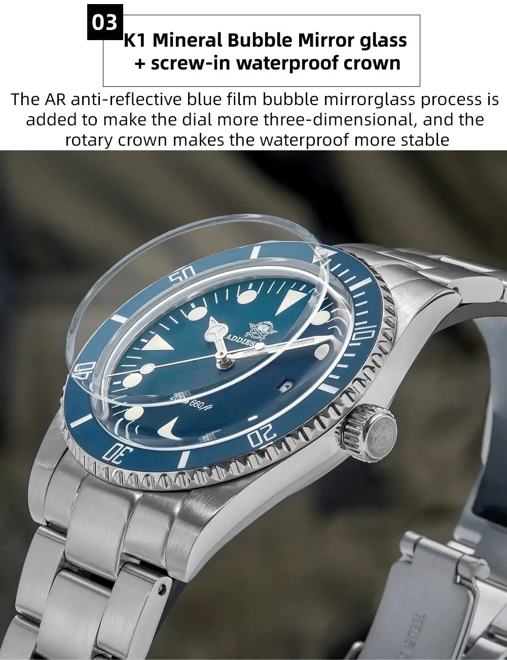 ADDIESDIVE luxury men's analog diver watch with blue dial, blue ceramic bezel, and stainless steel bracelet