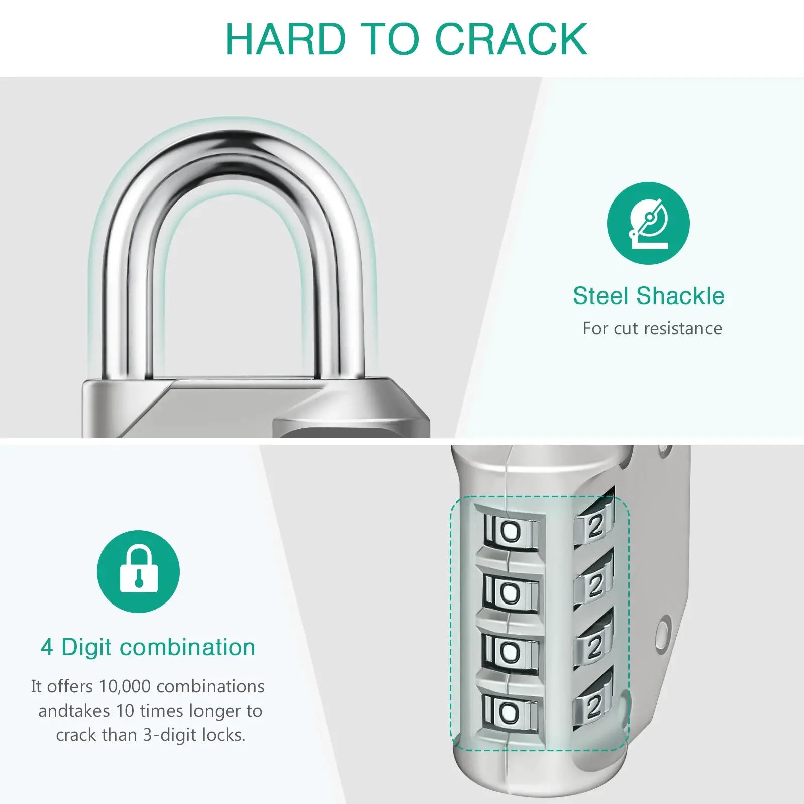 ORIA four-digit combination padlock with steel shackle; silver metal body