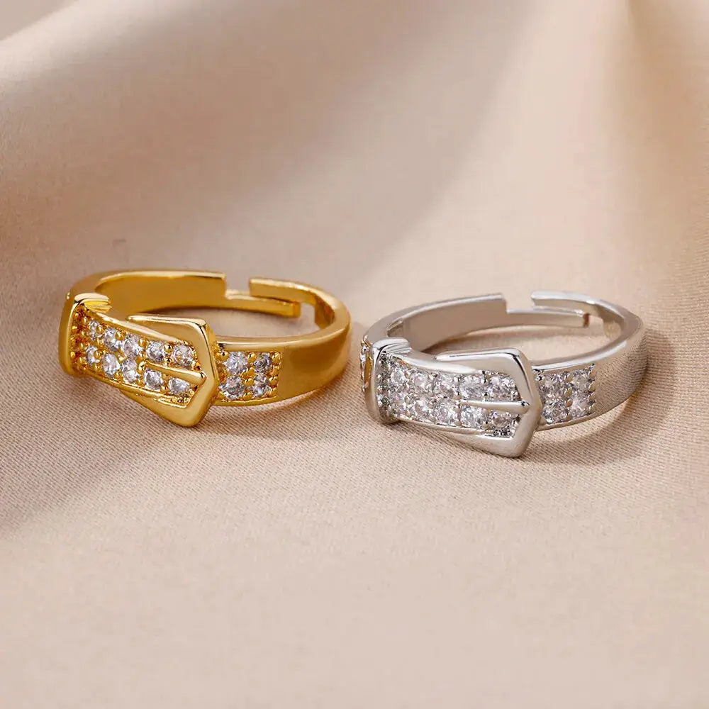 Stainless Steel Belt Ring For Women Zircon Adjustable Belt Finger Ring Geometric Wedding Aesthetic Jewelry Gift