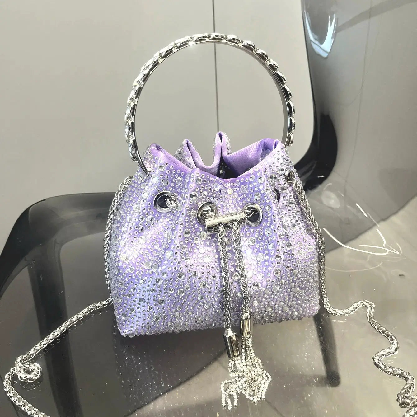 Lavender rhinestone evening clutch bag with silver ring handle and chain strap