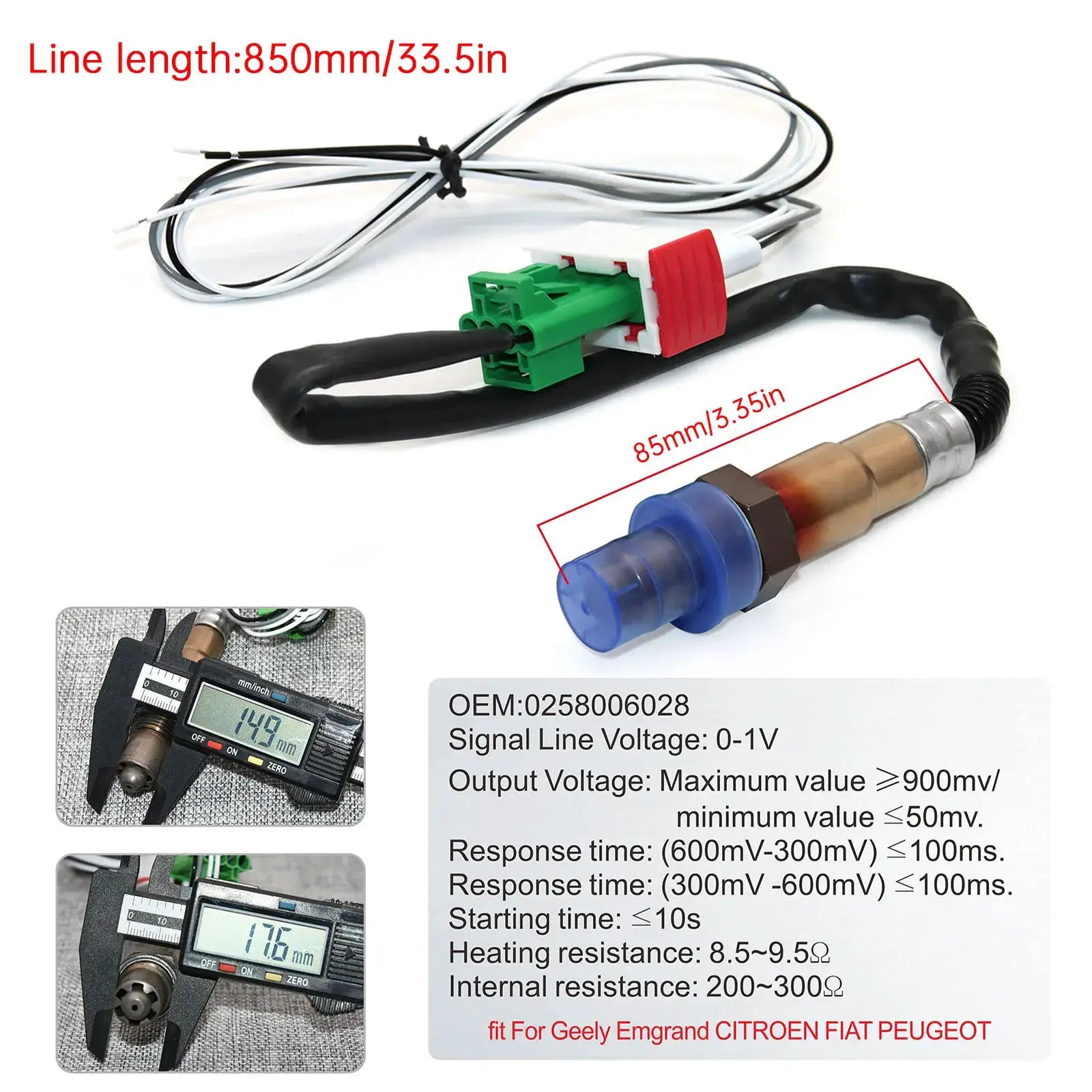 Air fuel ratio AFR gauge (2'') with voltmeter kit; green connector, red sleeve, blue O2 sensor, 12V wiring harness