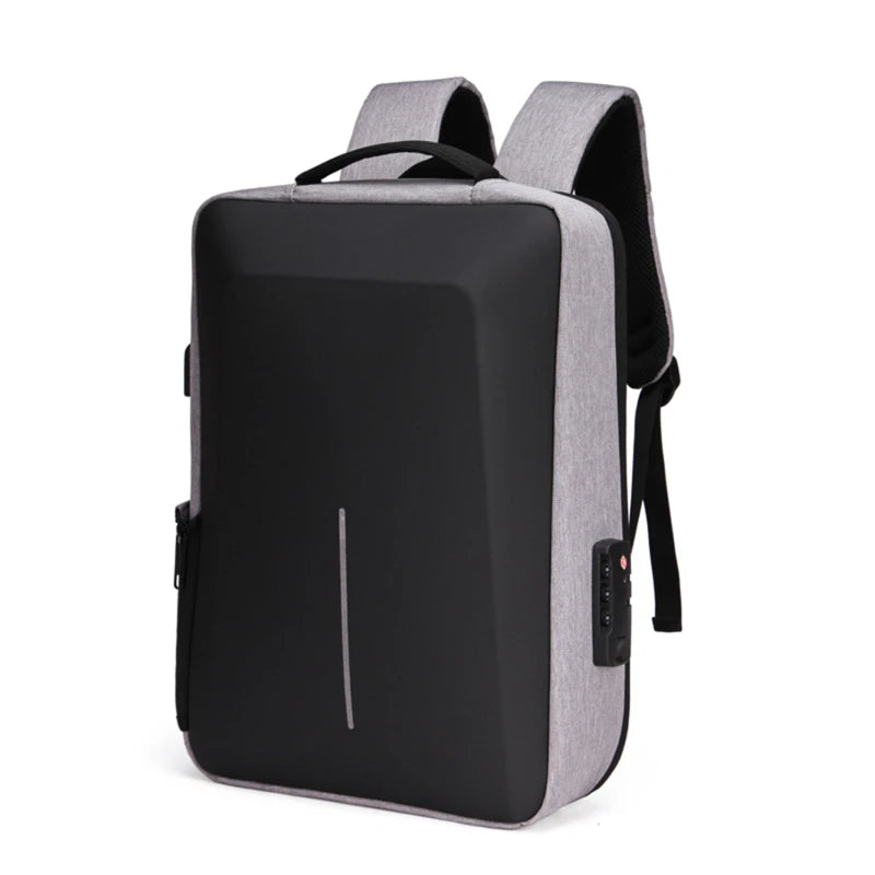 Men's hard-shell anti-theft backpack, grey fabric with black front panel, top handle and padded straps