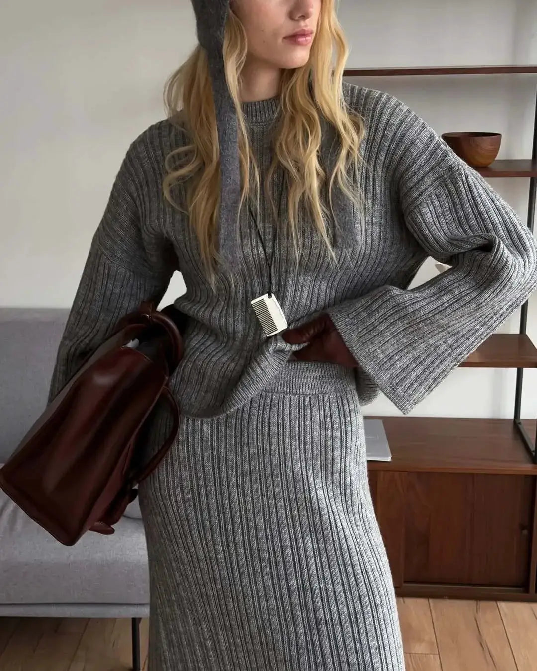 Hirsionsan Two Piece Set Women Polo Neck Cardigan And Midi Dress