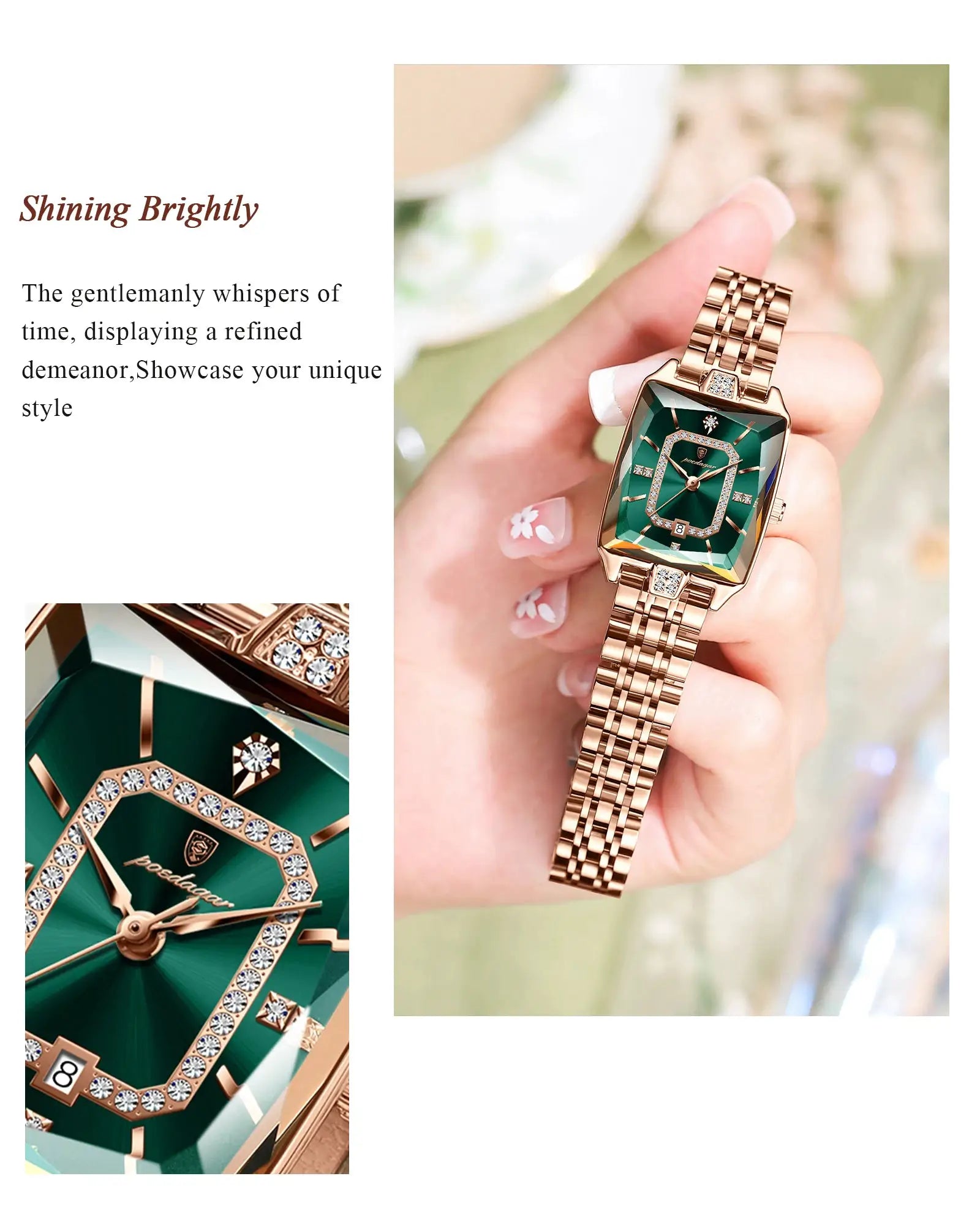 POEDAGAR luxury women's waterproof watch, rose-gold stainless steel bracelet, square green dial.