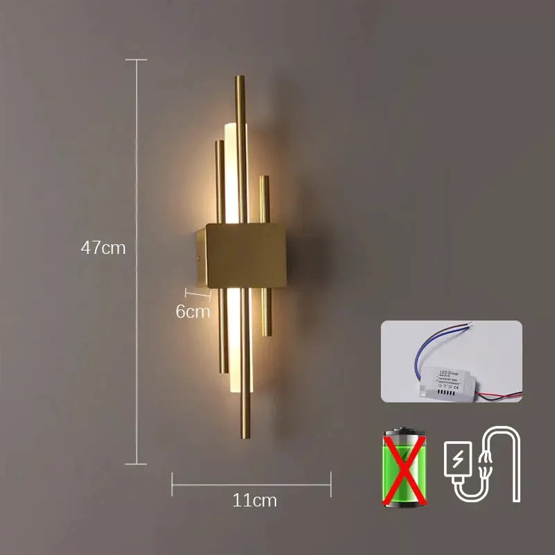 Nordic brass LED wall lamp, modern wall light with vertical rods around a central block, rechargeable