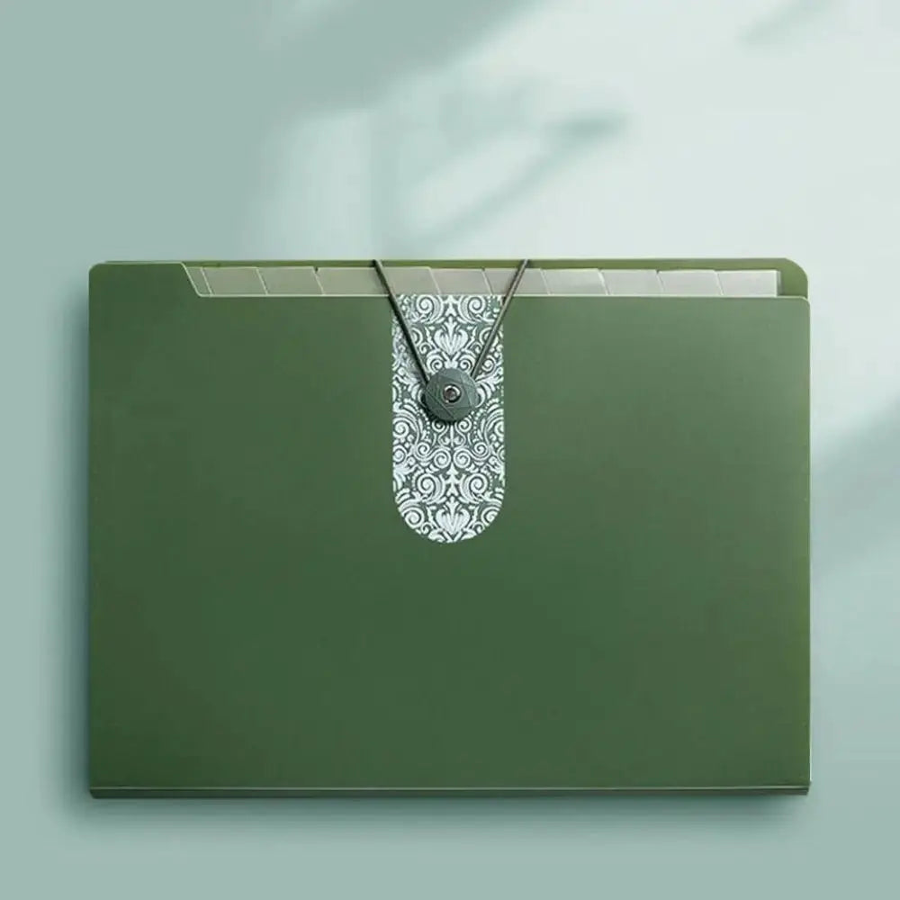 Green A4 expanding file folder with 8-compartment dividers and elastic strap closure