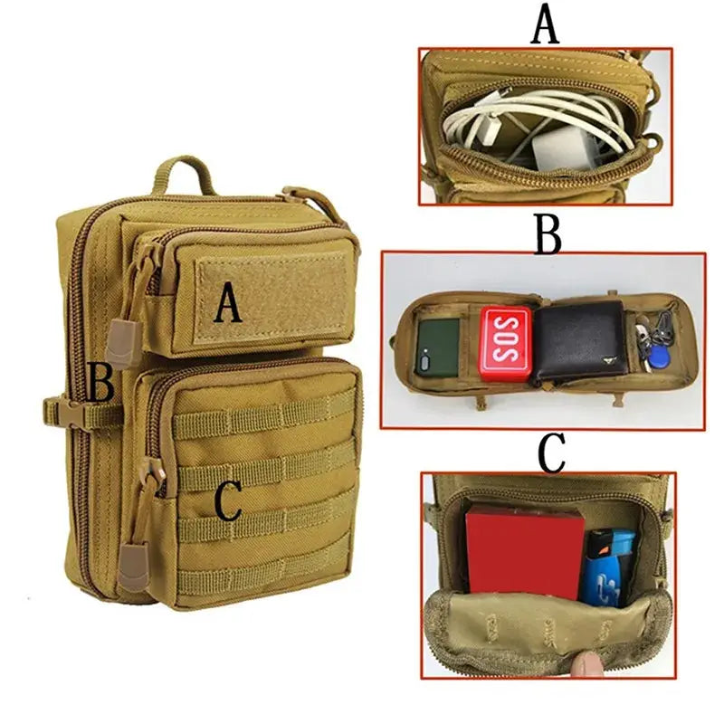 Simples Market tan tactical MOLLE pouch waist bag with multiple pockets for EDC, camping and hiking