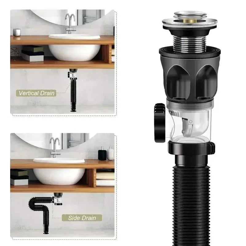 Simples Market universal flip stainless steel washbasin drainage pipe kit with anti-odor; vertical and side drain views