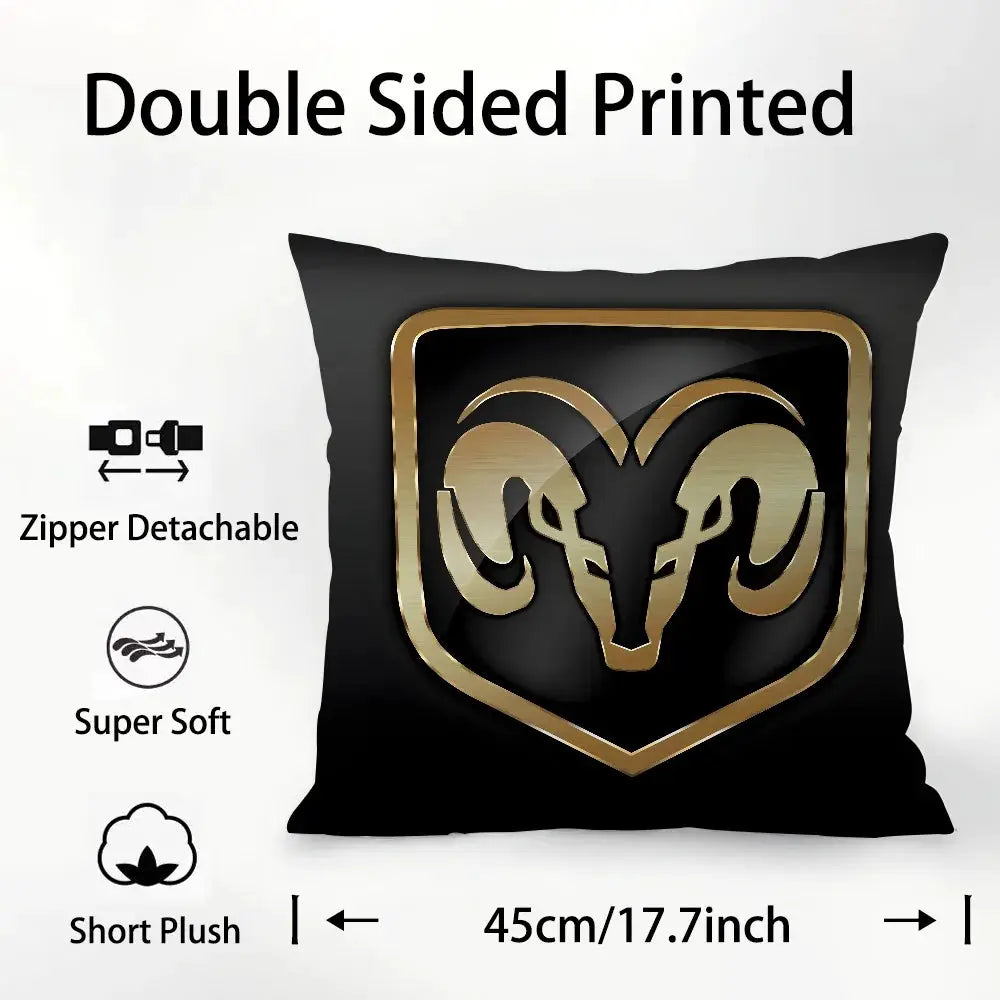D-Dodges car logo pillow case by Simples Market, black plush fabric, double-sided gold RAM emblem, zipper detachable, 45cm.