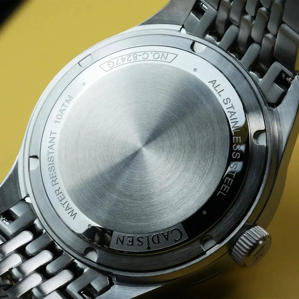 CADISEN stainless steel wristwatch back view with metal bracelet, engraved CADISEN, and 10ATM water resistance.