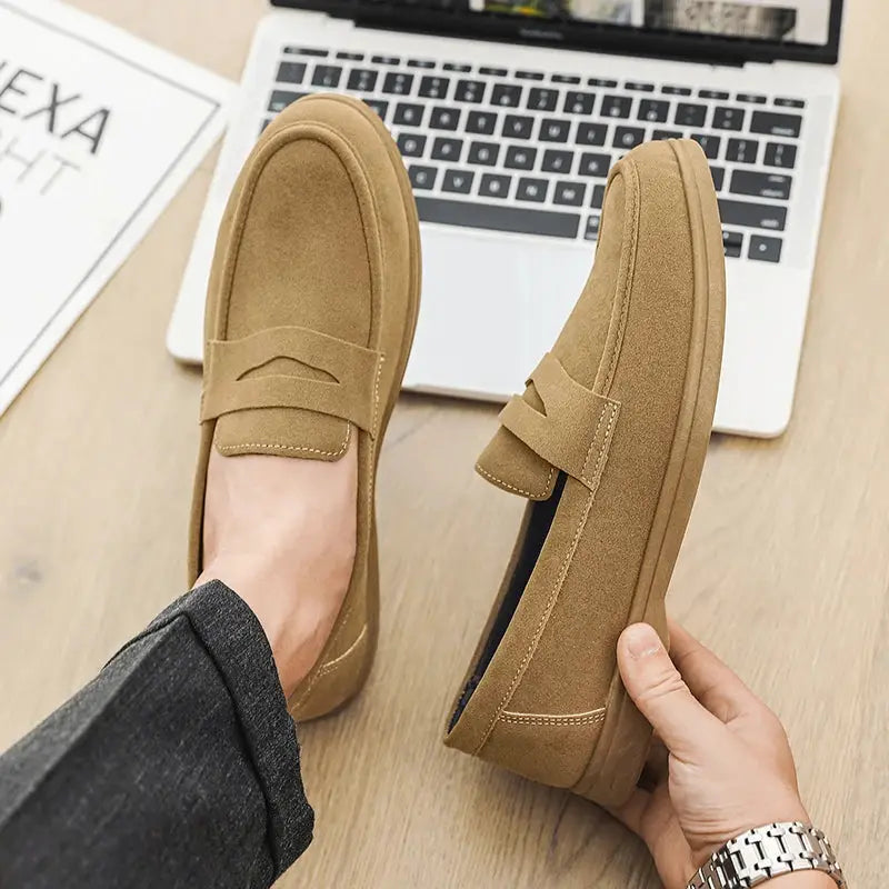 Men's tan suede slip-on loafers, lightweight breathable comfort with non-slip soft sole