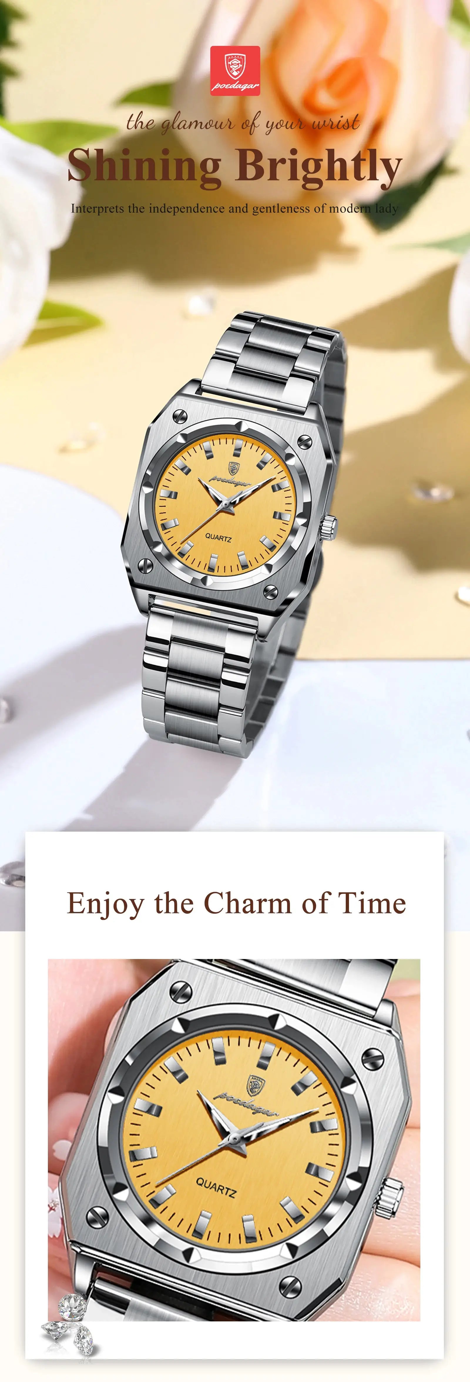 POEDAGAR elegant ladies wristwatch, stainless steel with gold dial and luminous markers, waterproof quartz