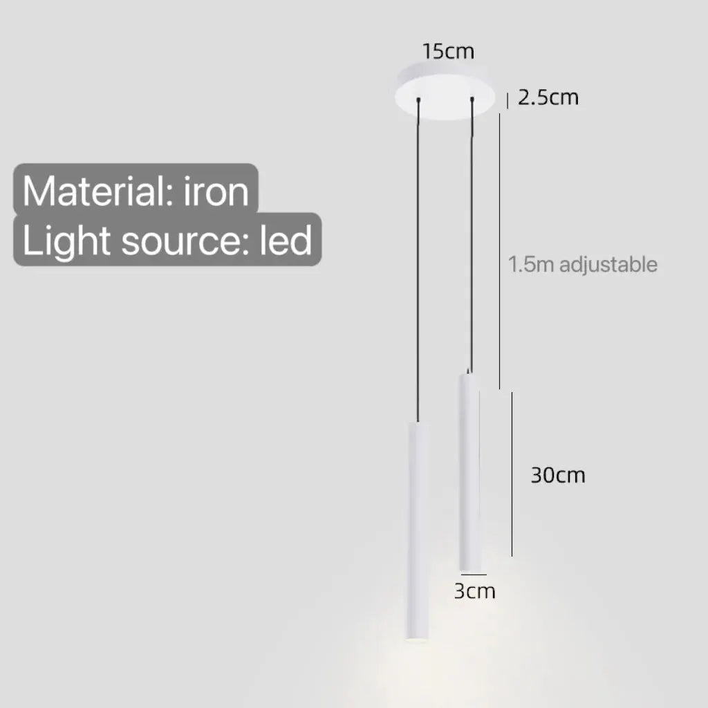 Minimalist bedside pendant lamps, white iron with LED, two hanging pendants, 30 cm long, 1.5 m adjustable cables.