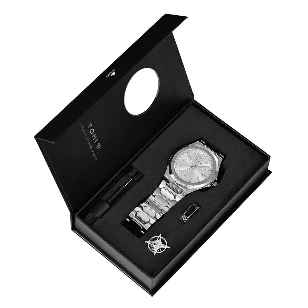 TOMI Luxury Mens Quartz Watch Gift Box Set Rose Gold Case Minimalist Numberless Dial With Calendar Feature